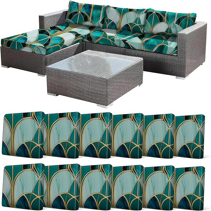 CALBODE 12Pcs Stretch Patio Cushion Cover, Art Deco Geometric Pattern Couch & by CALBODE