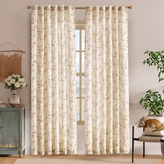 Taupe Vintage Floral Linen Curtains Farmhouse 50W X 84L 2 Panels | Elisa Series - Image 2