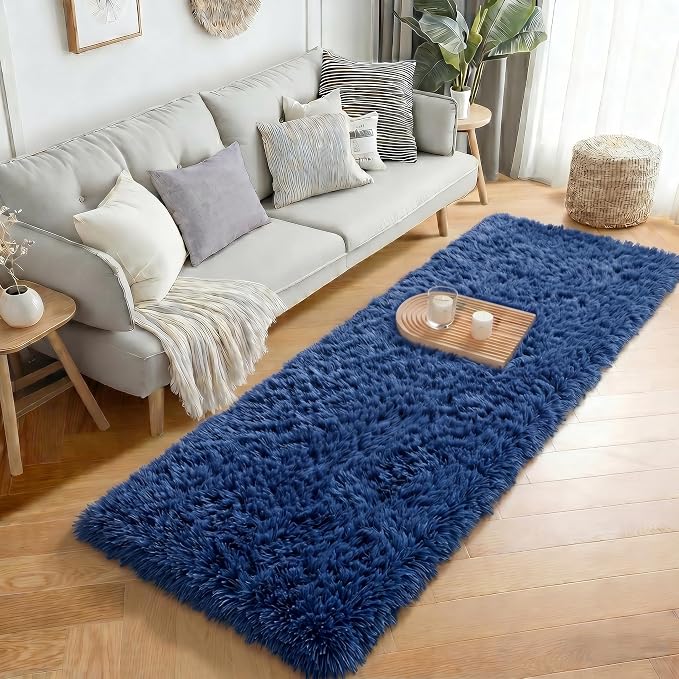 Navy Blue Rugs for Bedroom, Living Room 2x6 Ft, Fluffy Runner Rugs | Plush - Image 3