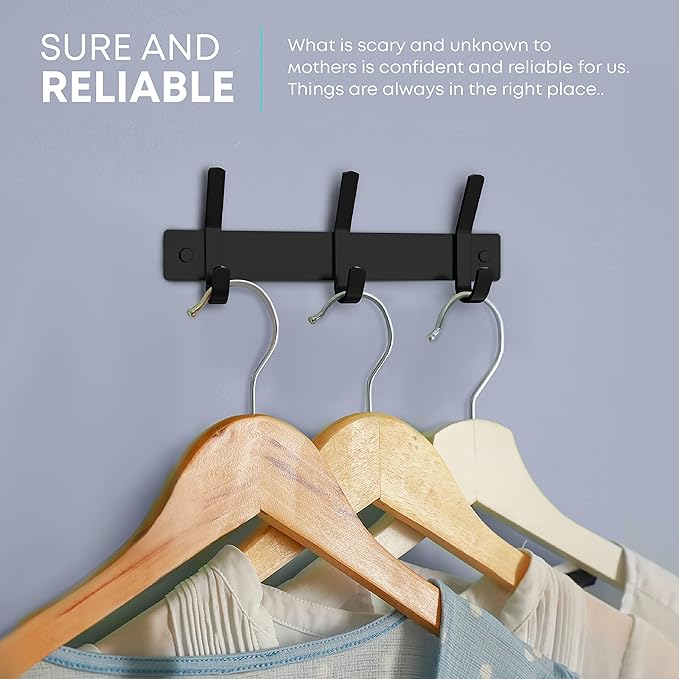 Matte Black Small Coat Rack Wall Mount – 9 Inch Stainless Steel Hook Rail with 3 Double Coat Hooks – Wall Mounted Entryway Organizer for Coats, Hats, Bags, Towels, Robes, Closet or Bathroom