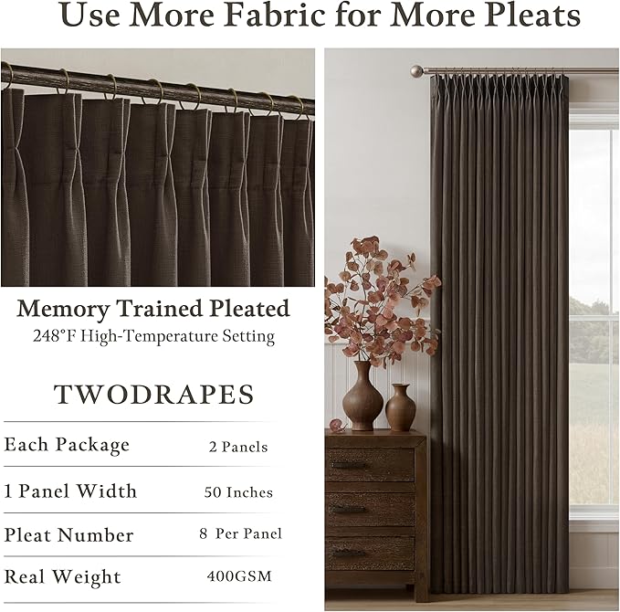 90 Inch Dark Chocolate Linen Pinch Pleat Memory Shaped Semi Sheer Curtains | - Image 4