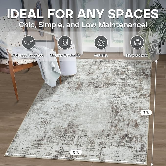 5x7 Area Rugs for Living Room Bedroom Dining Room Washable Brown Grey | Soft - Image 2