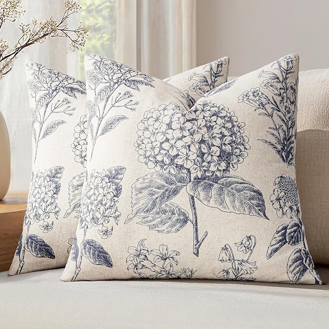 Set of 2 Decorative Floral Pillow Covers 22x22 Inch Navy Blue | Neutral by SWANCOCO