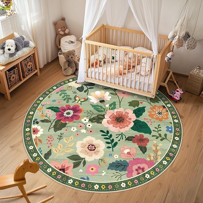 RELEANY Floral Washable Round 6ft Area Rug LightGreen | Flower Carpet Print - Image 6