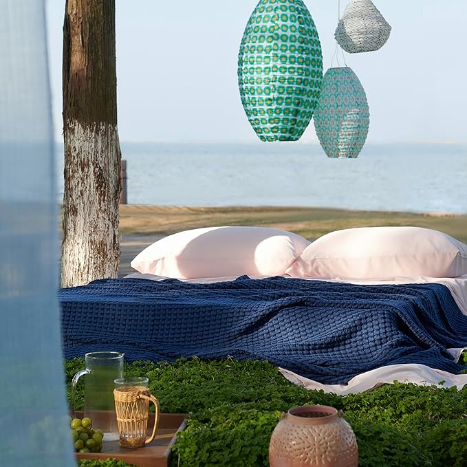 Bedsure Cooling Cotton Waffle Weave Blanket - Lightweight Breathable Blanket of Rayon Derived from Bamboo for Hot Sleepers, Luxury Throws for Bed, Couch and Sofa, Navy, 50x70 Inches