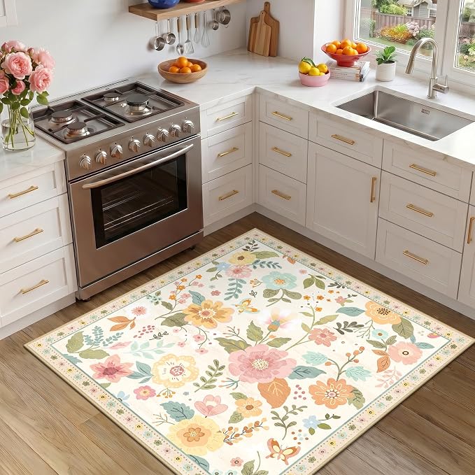 RELEANY Floral Washable Square 4ft Area Rug Beige/White/Orange | Flower Carpet - Image 6