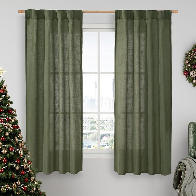 Olive Green Semi Sheer Linen Curtains by LAMIT