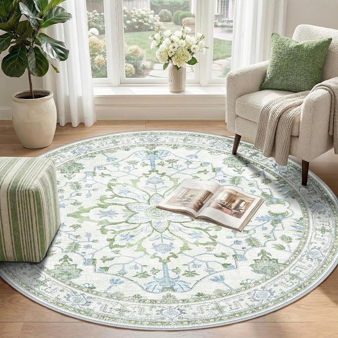 RELEANY Washable Area Rug, Round 4ft, Water Repellent, Pet Friendly, Vintage - Image 2