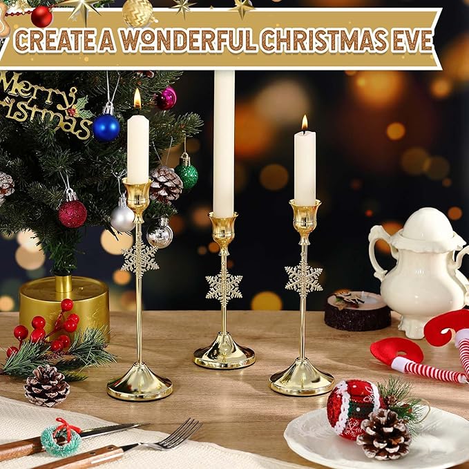 3 Pcs Christmas Candle Holders 3 Size Gold Taper Candlestick Holders Set Vintage Decorative Centerpiece for Table Mantel Wedding Housewarming Thanksgiving Gifts (Snowflake)