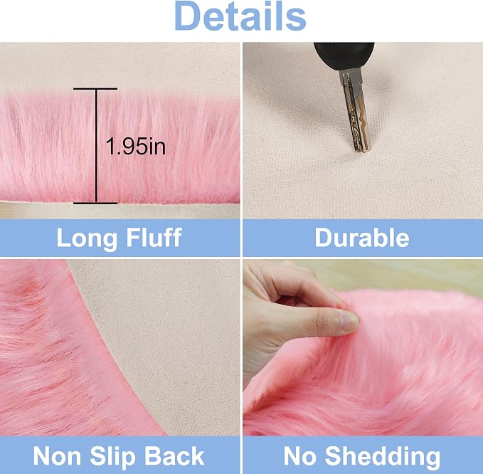 15.7 Inches Mini Pink Round Faux Fur Sheepskin Area Rug, Fluffy Small Circle - Image 4
