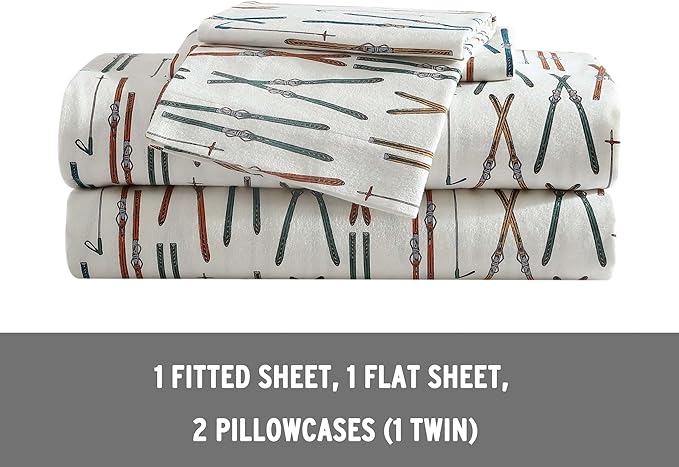 Eddie Bauer - King Sheets, Cotton Flannel Bedding Set, Brushed For Extra Softness, Cozy Home Decor (Ski Line White, King)
