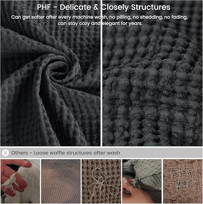 PHF 100% Cotton Waffle Weave Throw Blanket 50" x 60" - Lightweight Washed Soft Breathable for Adults and Kids - Perfect Layer for Couch Bed Sofa - Elegant Home Decoration Gift - Black