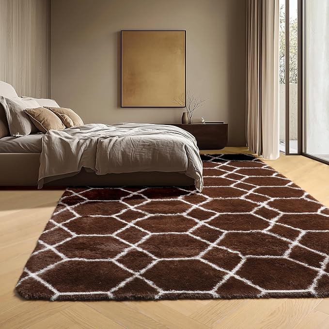 5x7 Area Rugs for Living Room Bedroom, Fluffy Brown and White Geometric Rug | - Image 8