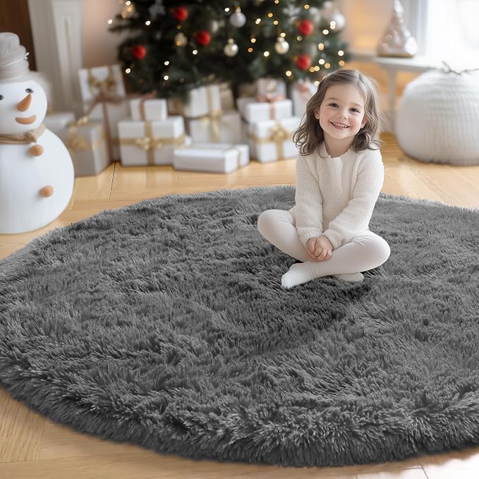 Amdrebio Grey Round Large Shaggy Plush Area Rug 7Ft - Image 3