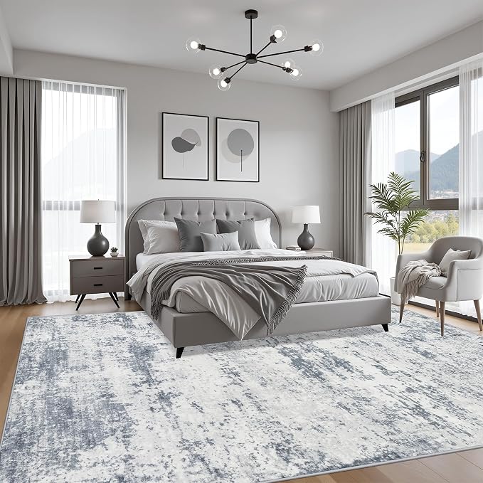 10x12 Area Rug Living Room: Modern Washable Soft Carpet Blue Grey | - Image 3