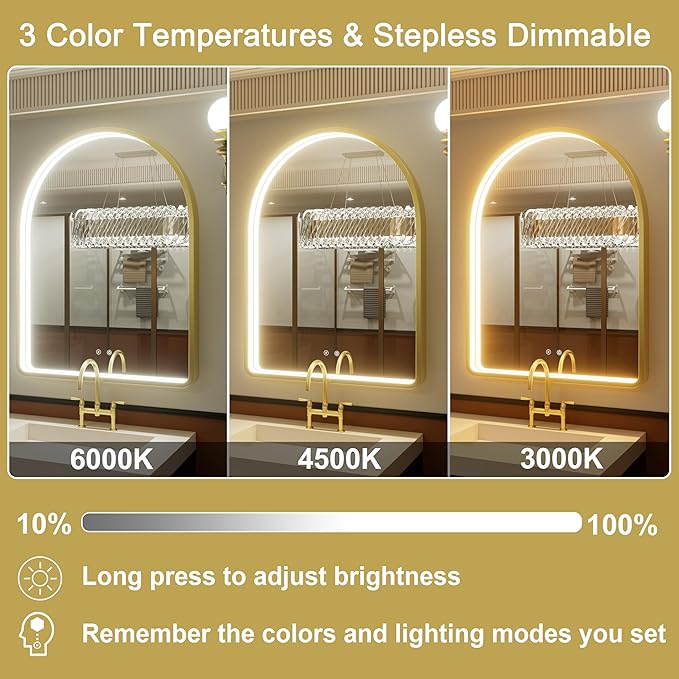 40x30 Inch Arched Gold LED Bathroom Mirror with Lights, Adjustable 3000K/4500K/6000K, Wall Mounted Framed Lighted Bathroom Vanity Mirror, Anti-Fog, Dimmable, Memory Function