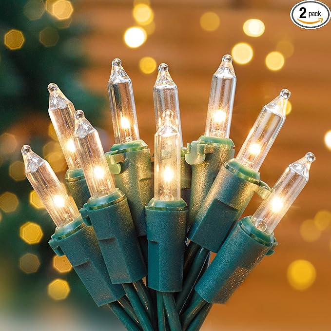 Hopolon Clear Christmas Lights Set 2PACK 50Count 13Feet Incandescent Bulb Mini String Lights for Indoor Christmas Tree Garland Birthday Wedding Festival Decor, Warm White