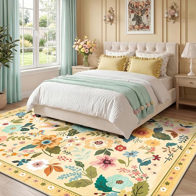 RELEANY Floral Washable 9x12 Area Rugs Ivory/Yellow | Flower Carpet Print Boho - Image 2