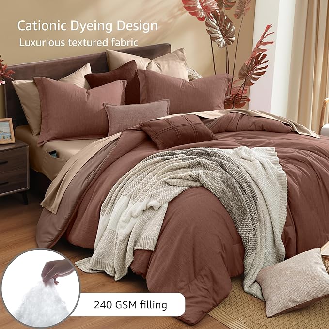 Monbix King Size Comforter Set, Terracotta King Size Bed Set Reversible, King Comforter Set 7 Pieces, Cationic Dyeing Bed in a Bag with Comforter, Sheets, Pillowcases & Shams