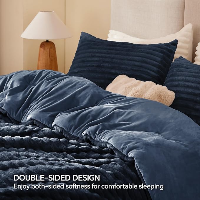 BEDELITE Fleece Twin Comforter Set -Super Soft & Warm Fluffy Navy Blue Bedding, Luxury Fuzzy Heavy Bed Set for Winter with 1 Pillow case