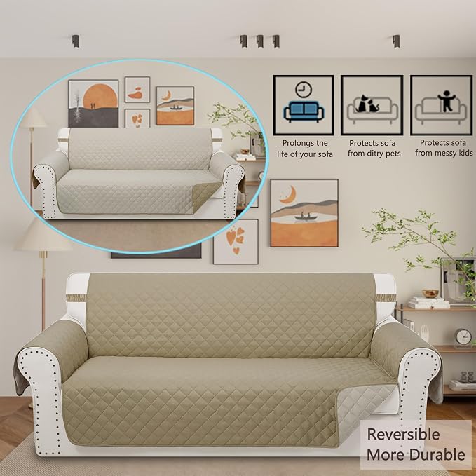 Reversible Couch Cover for 3 Cushion, Camel/Beige | Couch Cover for Sofa - Image 2