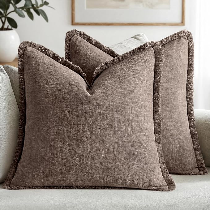 MIULEE Linen Fringe Decorative Fall Throw Pillow Covers Malt Ball 18x18 | Set by MIULEE