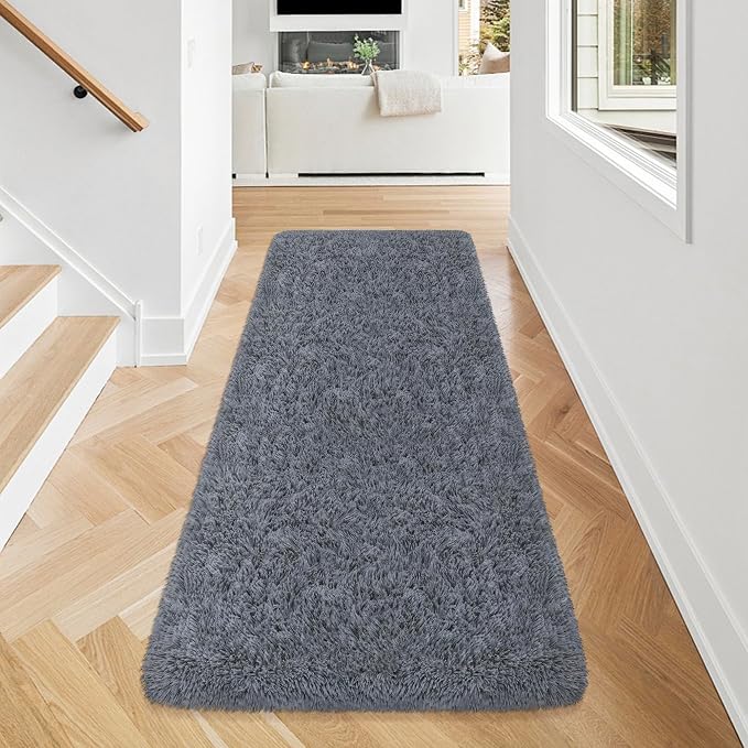 Grey Runner Rug for Bedroom Black Grey 2x5ft Fluffy Area Rug Bedside Runner Rug - Image 2