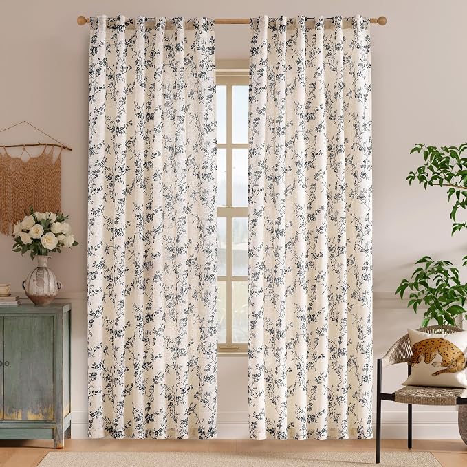 Black Vintage Floral Linen Curtains Farmhouse 50W X 90L 2 Panels | Elisa Series - Image 2