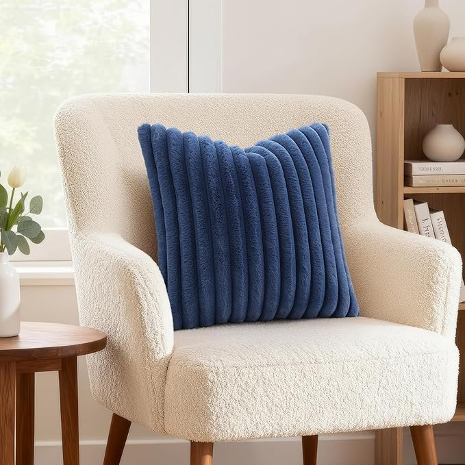 decorUhome Fall Faux Fur Throw Pillow Covers 22x22 Set of 2 Navy Blue | - Image 4