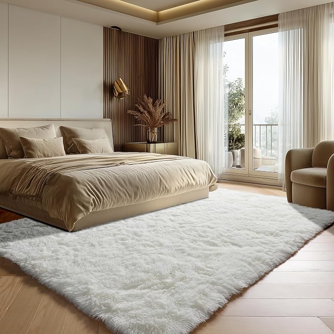 Cream White 8x10 Area Rugs for Living Room, Large Fluffy Shag Bedroom Rug - Image 5