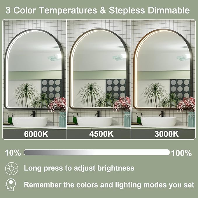 24x36 Inch Arched LED Mirror for Bathroom with Lights, Adjustable 3000K/4500K/6000K, Wall Mounted Black Frame Lighted Bathroom Vanity Mirror, Anti-Fog, Dimmable, Memory Function