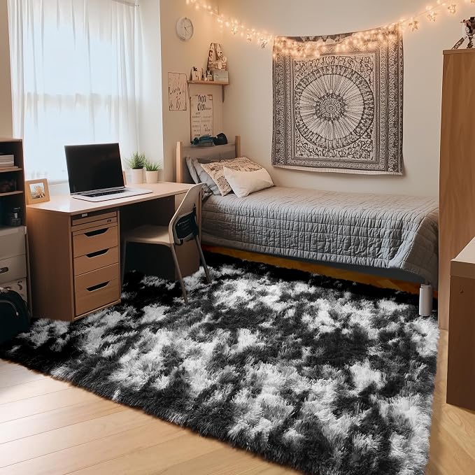 Black and White Rugs for Bedroom Living Room, Fluffy 4x6 Indoor Bedside Floor - Image 2