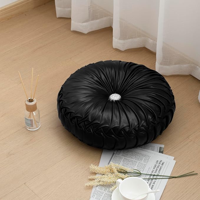 HIG Set of 2 Black Metallic Leather Decorative Round Pleated Throw Pillows | - Image 7