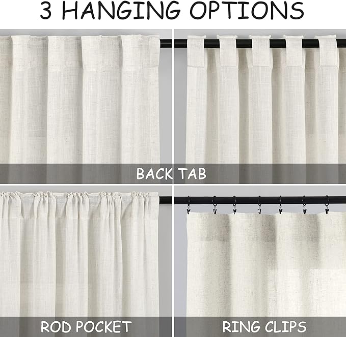 Cream Linen Curtains 45 Inch Length Kitchen Bathroom Back Tab Pocke Semi Sheer - Image 3