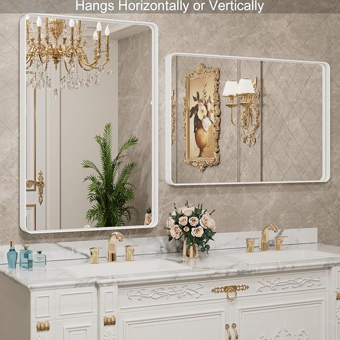 LOAAO 28x36 Inch White Metal Framed Bathroom Mirror for Wall, White Bathroom Vanity Mirror Farmhouse, Large Rounded Rectangle Mirror, Anti-Rust, Hangs Horizontally or Vertically