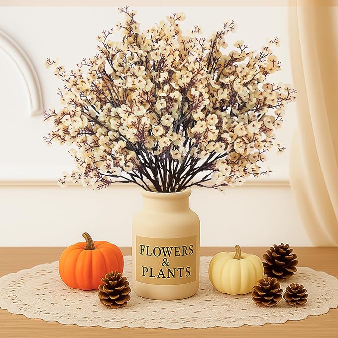 Uieke 30 Pcs Artificial Flowers Baby Breath Faux Champagne Artificial Gypsophila Bouquet Fake Silk Flowers Real Touch for Home Office Kitchen Wedding Wall DIY Room Farmhouse Décor