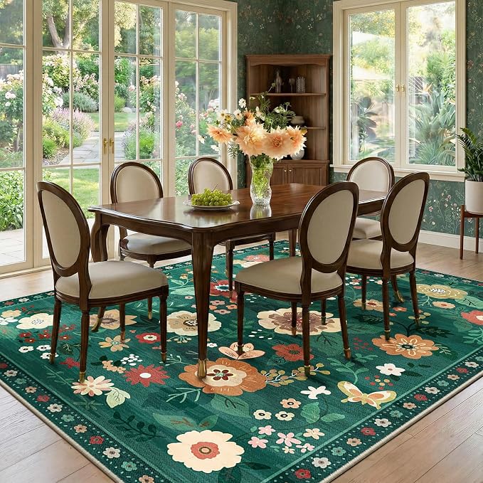 RELEANY Floral Washable 8x10 Area Rugs DarkGreen | Flower Carpet Print Boho - Image 8