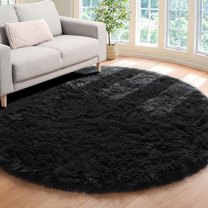 Black Round Area Rug 4ft, Soft Bedroom Circle Rugs Floor Mats by ONASAR