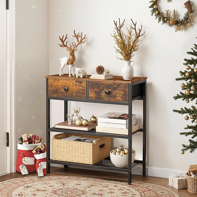 HOOBRO 29.5" Narrow Console Table with 2 Fabric Drawers, Sofa Table, Small Entryway Table with 3-Tier Storage Shelves, Behind Couch Table, for Living Room, Hallway, Rustic Brown and Black BF72XG01