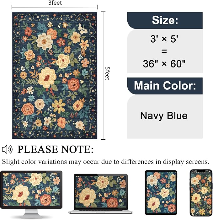 DUKINO 3x5 Area Rug, Floral Washable Rug - Image 2