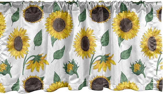 Ambesonne Sunflower Window Valance Pack of 2, Agricultural Pattern Botanical Inspiration Hand-Drawn Flowers, Rod Pocket Curtain Valances for Kitchen Bedroom, 42" X 12", Reseda Green Dark Brown