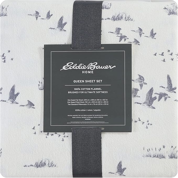 Eddie Bauer - Queen Sheet Set, Warm Breathable Cotton Flannel Bedding with Deep Pockets, Brushed for Extra Softness, Cozy Home Decor, Oeko-Tex Certified (Geese Meadow, Queen)