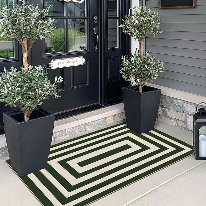 Front Door Mat Indoor Entrance 2x4.3 Modern Green White Striped Rug | Washable - Image 4