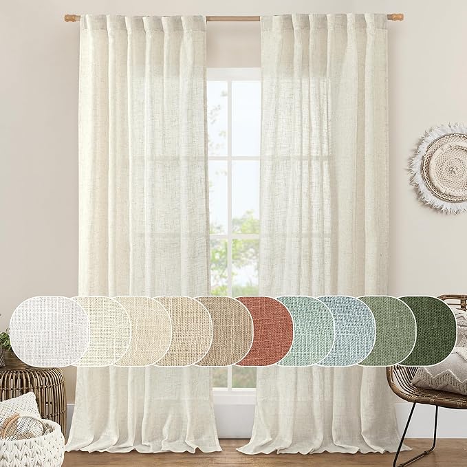 Ivory 90 Inches Long Linen Semi Sheer Curtains by LAMIT