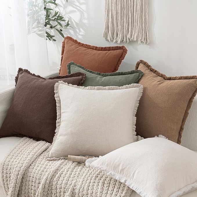 MIULEE Linen Fringe Decorative Fall Throw Pillow Covers Dark Brown 20x20 | Set - Image 5