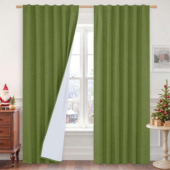 Sage Green 100% Blackout Linen Curtains 84 Inch by LAMIT