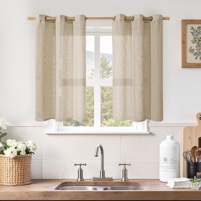 Kitchen Linen Curtains 40 Inch Length, Soft Thick Light Filtering Bronze by LAMIT