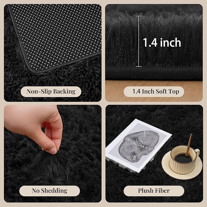 PLHXFR 9x12 Area Rugs Living Room: Fluffy Bedroom Rug Shag Carpet Black | - Image 5