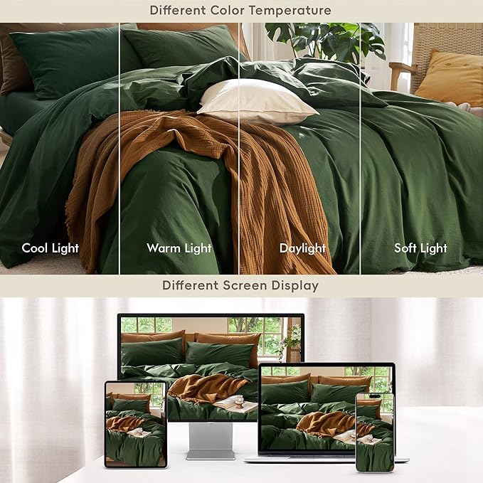 MooMee Bedding Duvet Cover Set 100% Washed Cotton Linen Like Textured Breathable Durable Soft Comfy (Solid Forest Green, Super King Plus 120"x120")
