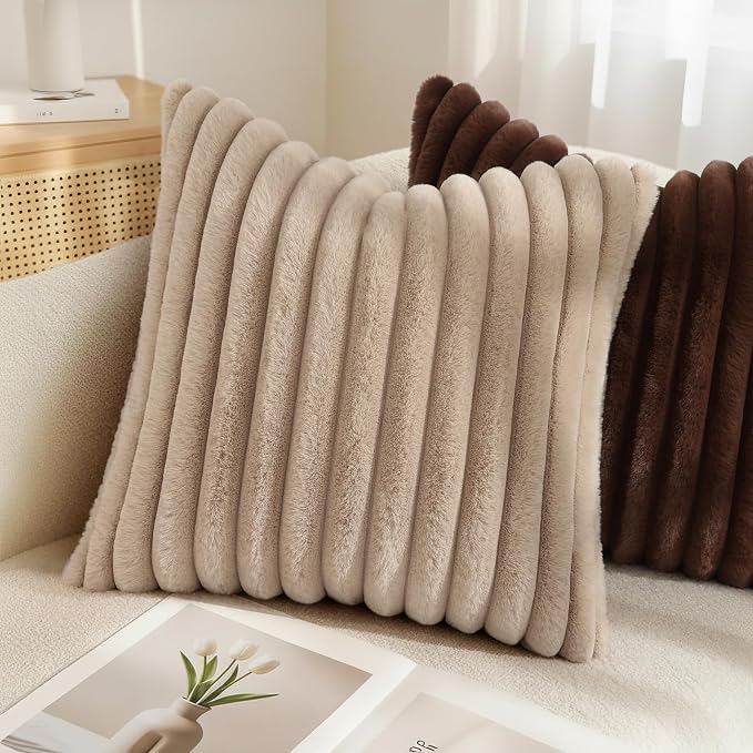 decorUhome Fall Faux Fur Throw Pillow Covers 12x20 Set of 2 Dark Brown | - Image 5
